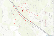 Web browser view of TTN Tracker with the gateway (blue marker) and points where the tracking node successfully transmitted to the gateway (red marks).